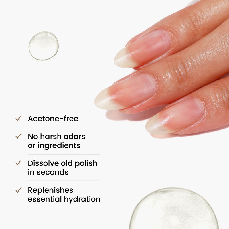 A close-up of fingers with clear nails showcases the LONDONTOWN Home & Away Remover Set, highlighting its acetone-free formula that swiftly dissolves polish without harsh odors, ensuring replenished hydration—ideal for recognizing key nail care features!.