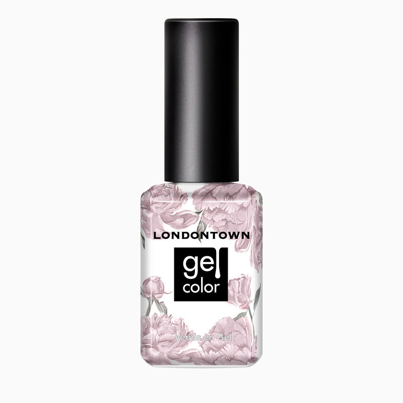 A bottle of LONDONTOWN Strawberry Milk gel color nail polish in sweet milky pink, with a black cap and floral-patterned label on a white background.