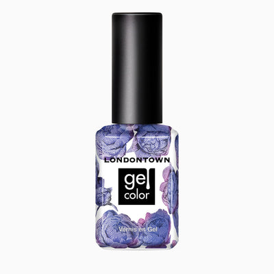 A bottle of LONDONTOWN Wildberry Freeze gel color nail polish with a black cap and floral label, featuring a stunning purple shade with a subtle blue shimmer shift.
