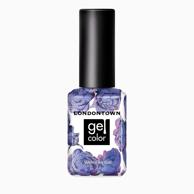 A bottle of LONDONTOWN Wildberry Freeze gel color nail polish with a black cap and floral label, featuring a stunning purple shade with a subtle blue shimmer shift.
