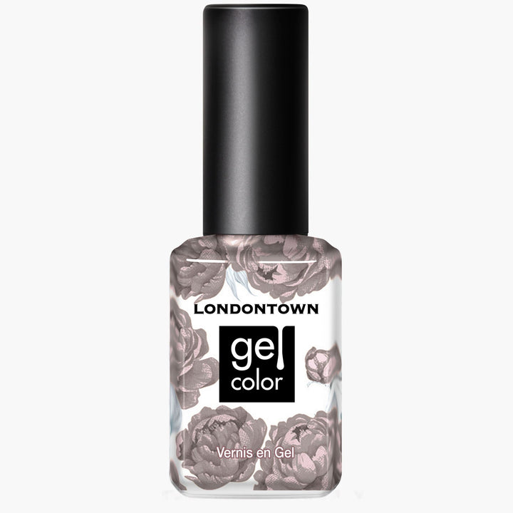 A bottle of LONDONTOWN Gel Color nail polish in Affogato, featuring a black cap and floral design on the bottle labeled "Vernis en Gel" for a rich coffee-inspired look.