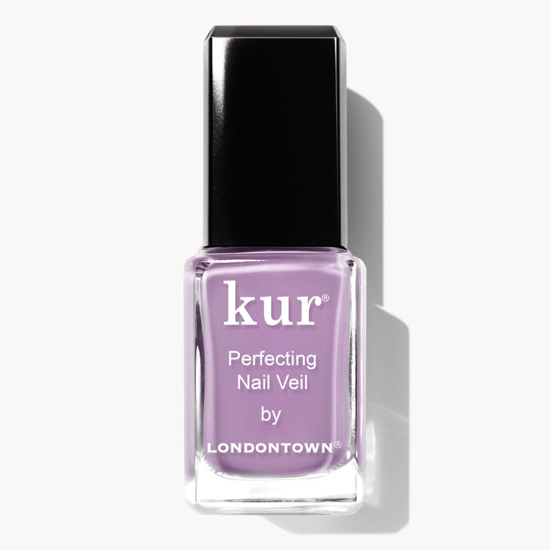 A bottle of LONDONTOWN's Perfecting Nail Veil #9, featuring a light purple nail polish with a black cap, delivers a hint of color while offering care for your nails.
