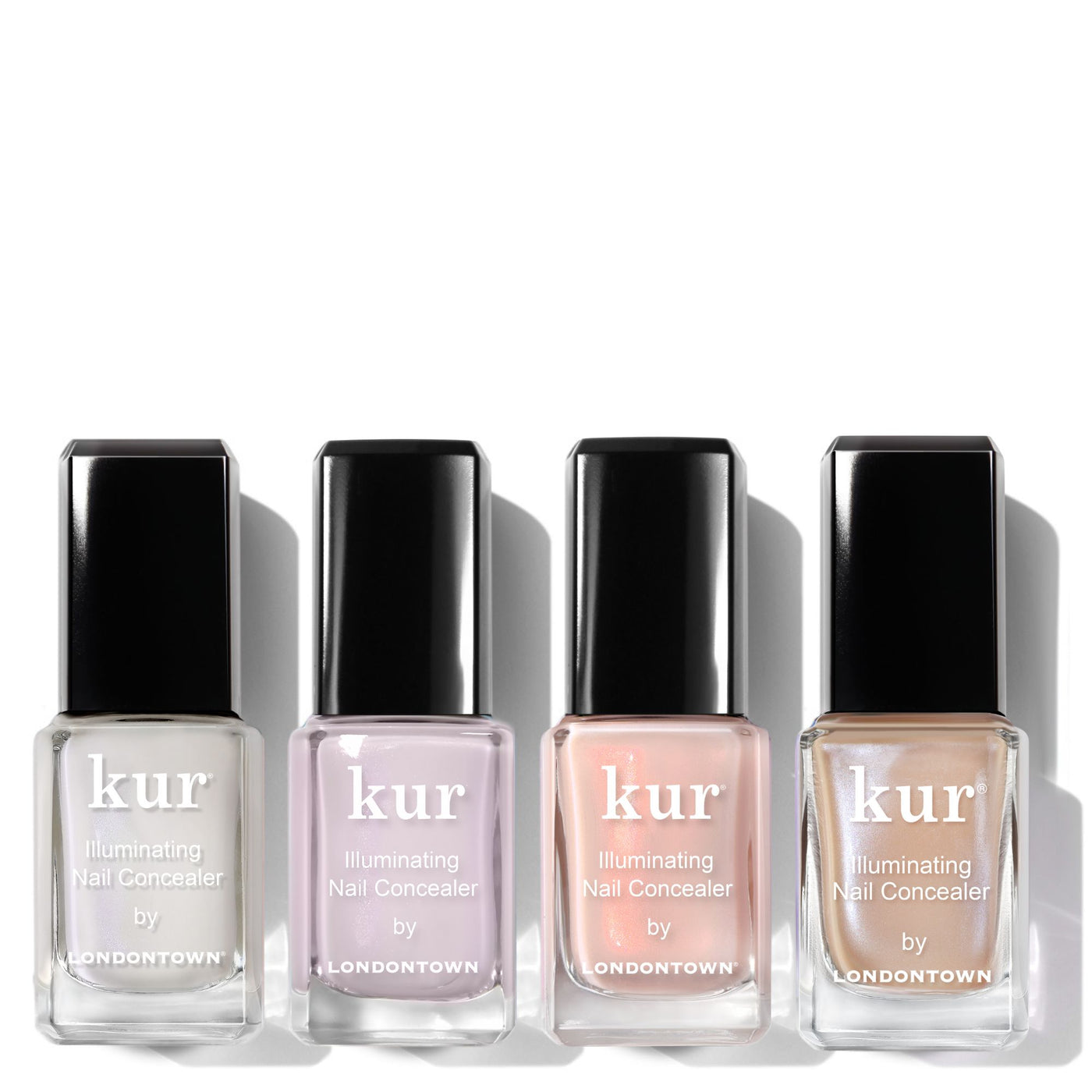 Four bottles of The Concealer Wardrobe by LONDONTOWN are lined up, each featuring a different shade for simple nail care and an easy step to flawless-looking nails.