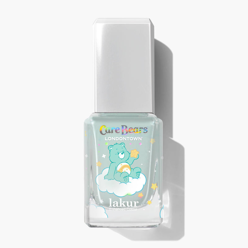 LONDONTOWN's Beary Minty lakur nail polish comes in airy mint green, with Care Bears-themed packaging featuring a bear on a cloud and colorful stars, to inspire hopeful clarity.
