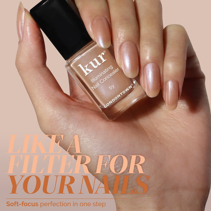 A manicured hand holds a bottle of Bare Illuminating Nail Concealer by LONDONTOWN. Text reads: "LIKE A FILTER FOR YOUR NAILS. Soft-focus perfection in one step.