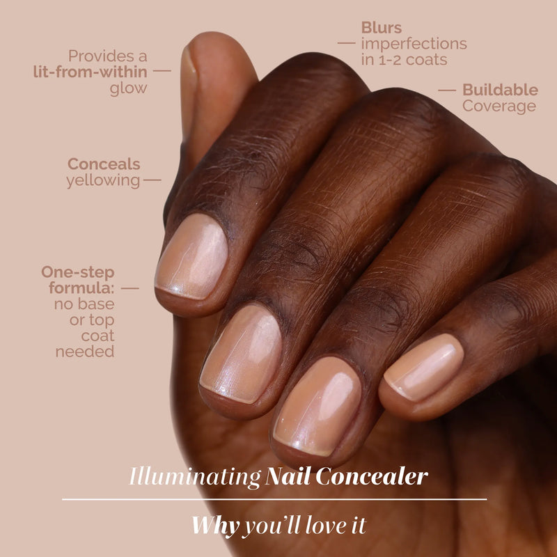 A hand with neatly manicured nails showcases LONDONTOWN’s Bare Illuminating Nail Concealer—a sheer, nude polish that delivers a glowing finish, conceals yellowing, and offers easy one-step coverage.