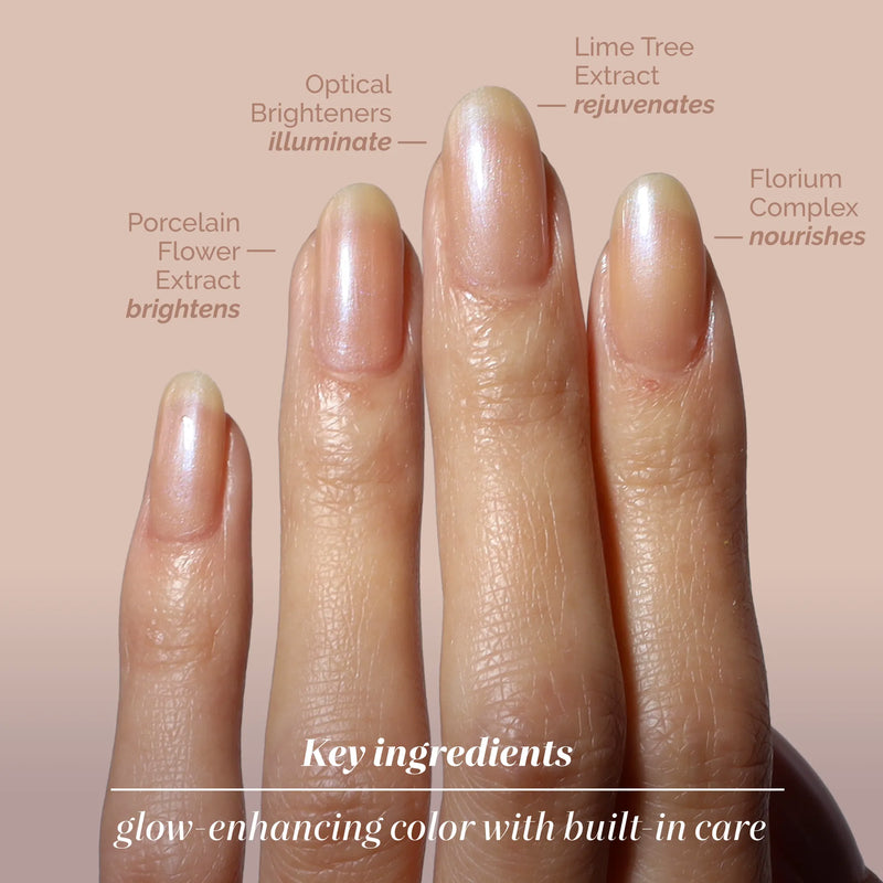 Close-up of four fingers with glossy nails, labeled to highlight Bare Illuminating Nail Concealer’s key ingredients: optical brighteners, lime tree extract, porcelain flower extract, and Florium complex by LONDONTOWN. Text: "glow-enhancing color.