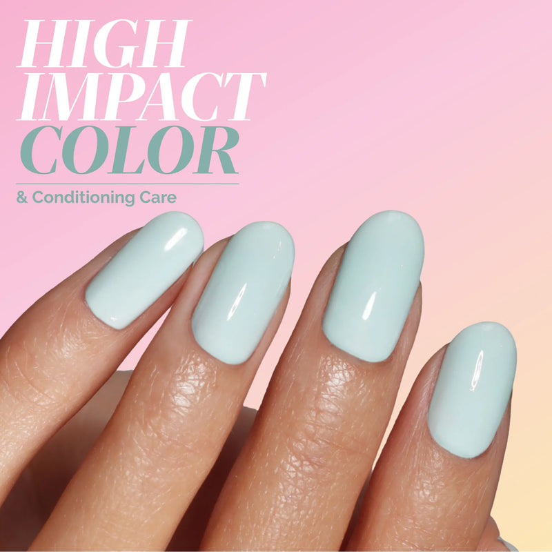 A hand with neatly manicured nails painted in LONDONTOWN’s Beary Minty polish is shown against a pink and yellow gradient background with the text "HIGH IMPACT COLOR & Conditioning Care.