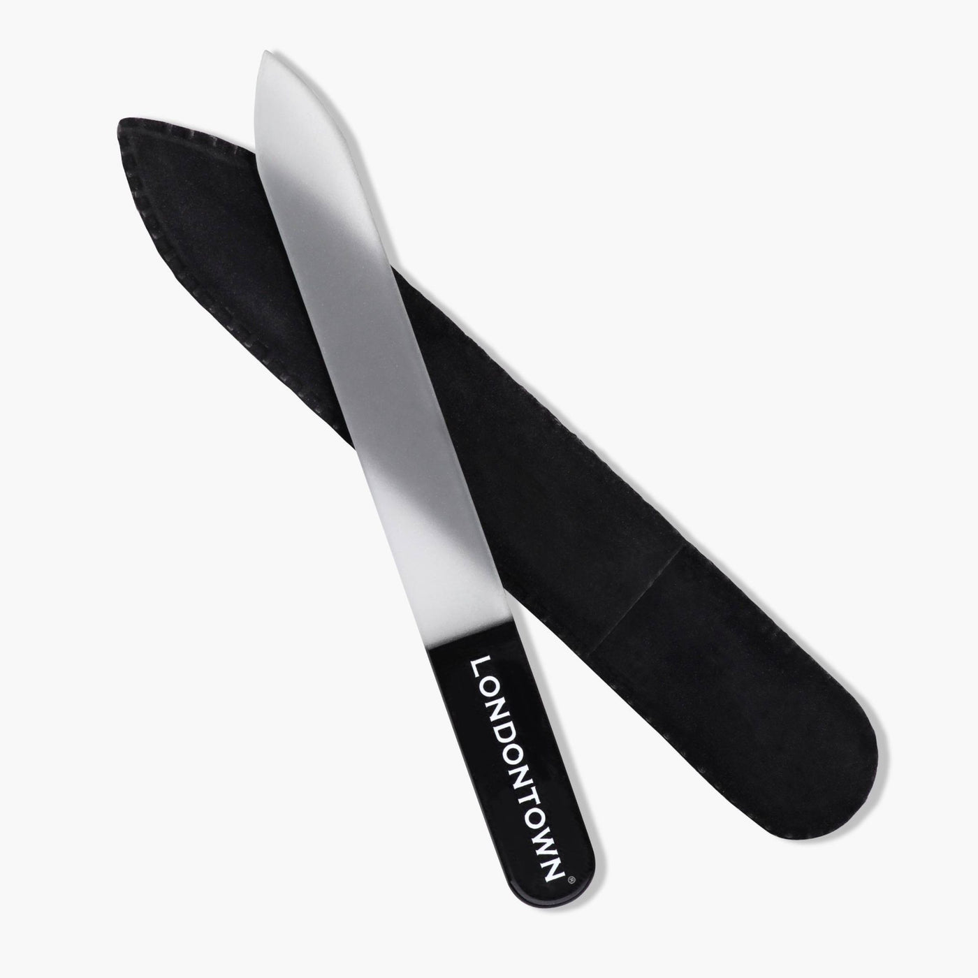The "LONDONTOWN" Glass Nail File - Black, featuring a sleek black handle, is accompanied by a matching black protective sleeve to provide an effortless and damage-free nail filing experience.