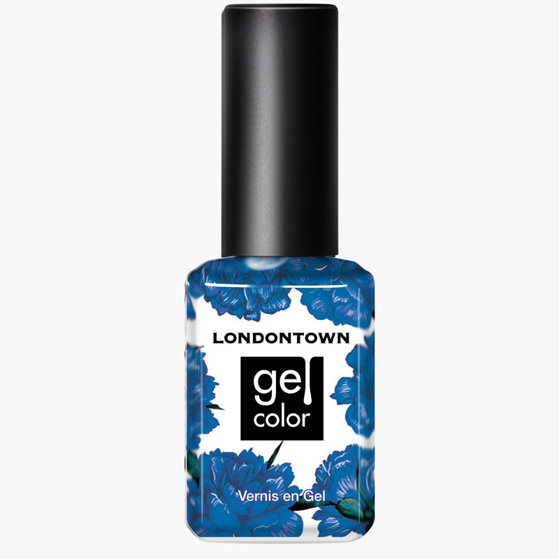 A bottle of LONDONTOWN Gel Color nail polish called "Blue Diamond," featuring a sporty blue chrome design on the label.