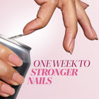 A manicured hand opens a soda can. Text: "ONE WEEK TO STRONGER NAILS with LONDONTOWN Sheer Strength Nail Blush - Hibiscus.