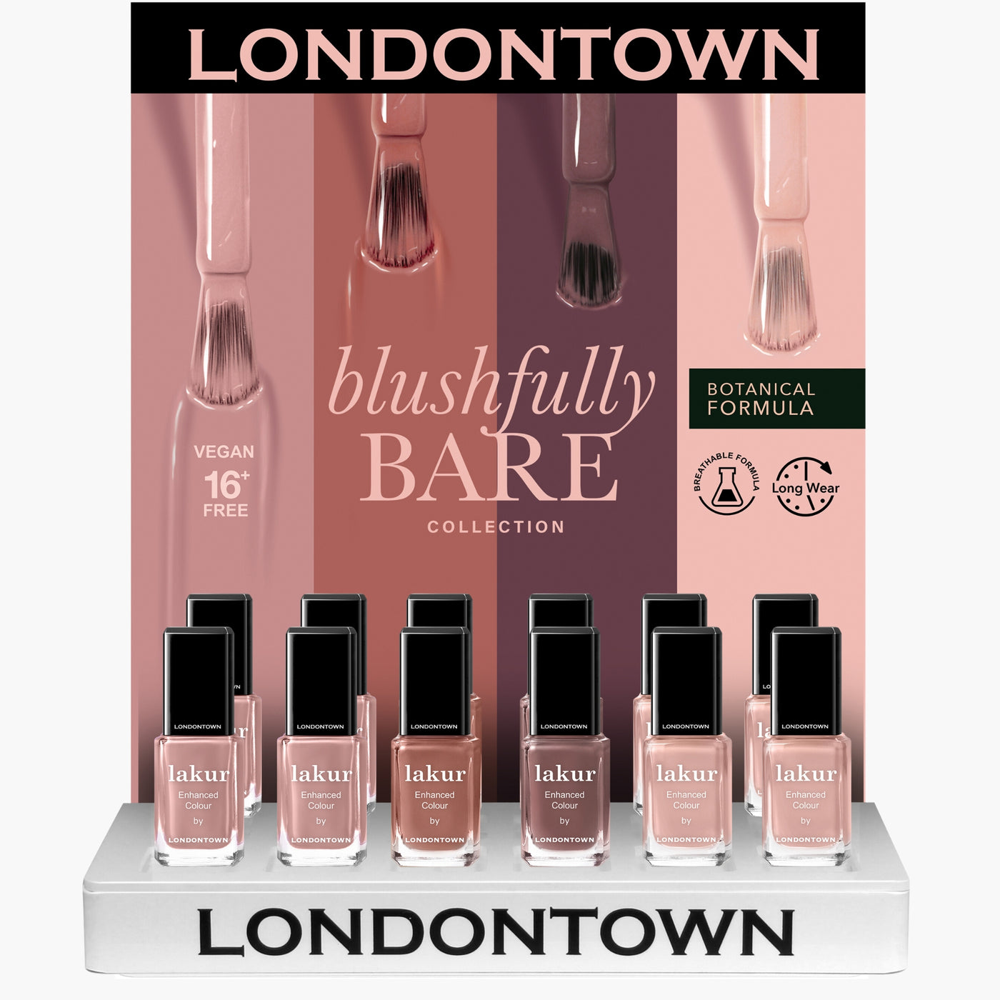 Showcase of LONDONTOWN's Blushfully Bare POP Display, highlighting a range of shades made with a botanical formula. It is vegan, 16-free, and promotes long-lasting wear.