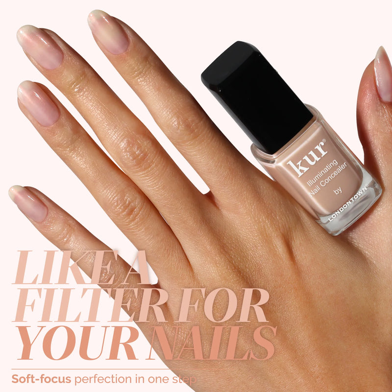 A hand with neatly manicured nails is shown beside a bottle of LONDONTOWN Bubble Illuminating Nail Concealer; text reads “LIKE A FILTER FOR YOUR NAILS. Soft-focus perfection in one step.”.
