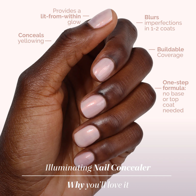 A hand with short, neatly manicured nails painted in LONDONTOWN's Bubble Illuminating Nail Concealer, a soft bubblegum pink shade, with text spotlighting the nail-perfecting features of this product.