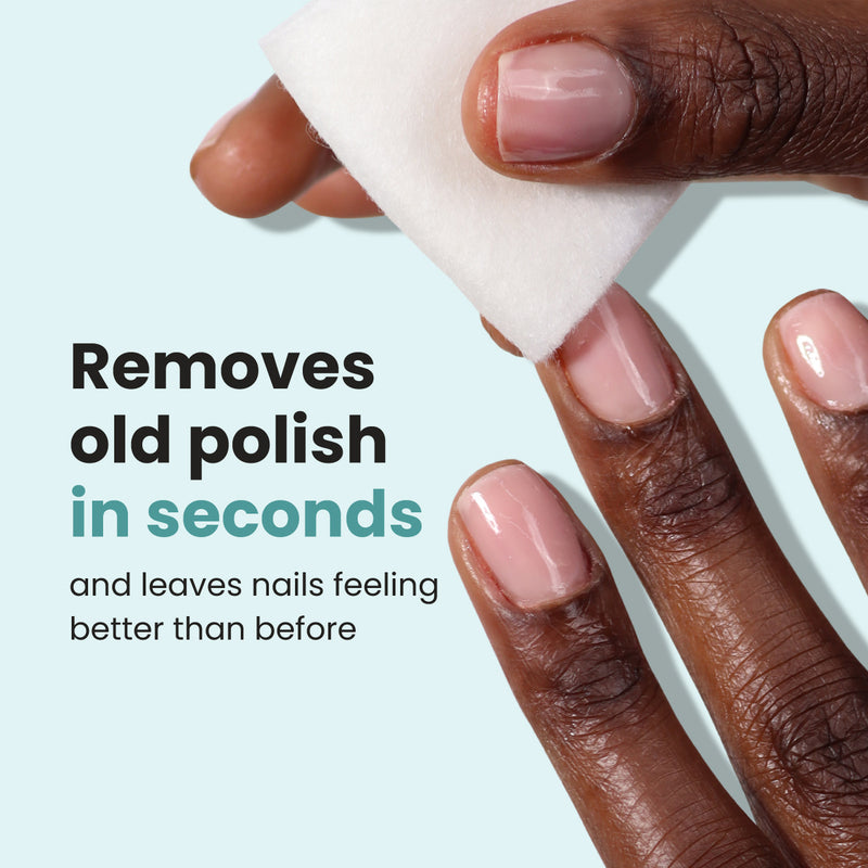 A person uses a Conditioning Lacquer Remover Pad by LONDONTOWN for quick nail polish removal. Text reads: "Eliminates old polish in seconds, ideal for on-the-go touch-ups, and leaves nails feeling better than before.
