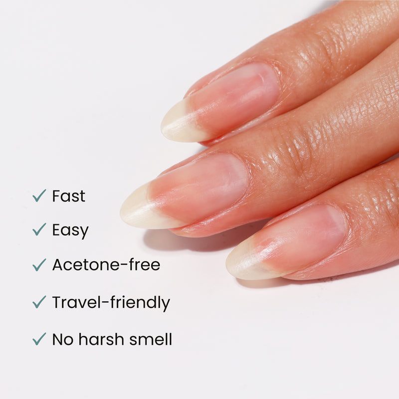 A hand with polished nails is shown. Text reads: "LONDONTOWN Conditioning Lacquer Remover Pads - Fast, Easy, Acetone-free, Travel-friendly for on-the-go nail polish removal, No harsh smell" with checkmarks.