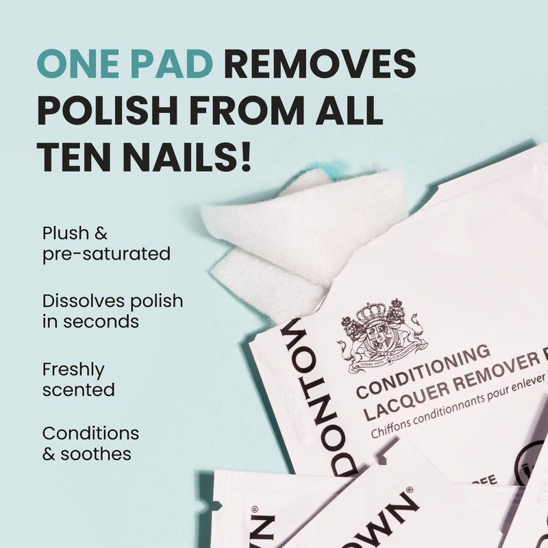 Enjoy the convenience of LONDONTOWN's Conditioning Lacquer Remover Pads while on the go. These plush pads are pre-saturated for quick and effective nail polish removal, offering a fresh scent and conditioning properties that make them an ideal travel companion.