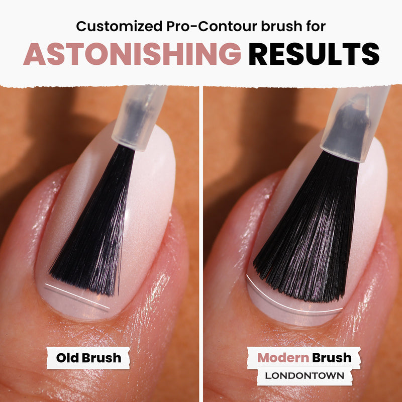 Close-up comparison of nail polish application with two brushes: "Old Brush" on the left and LONDONTOWN's "Modern Brush" on the right, using Champagne in Bed to reveal smoother coverage with a subtle neutral pink hue.