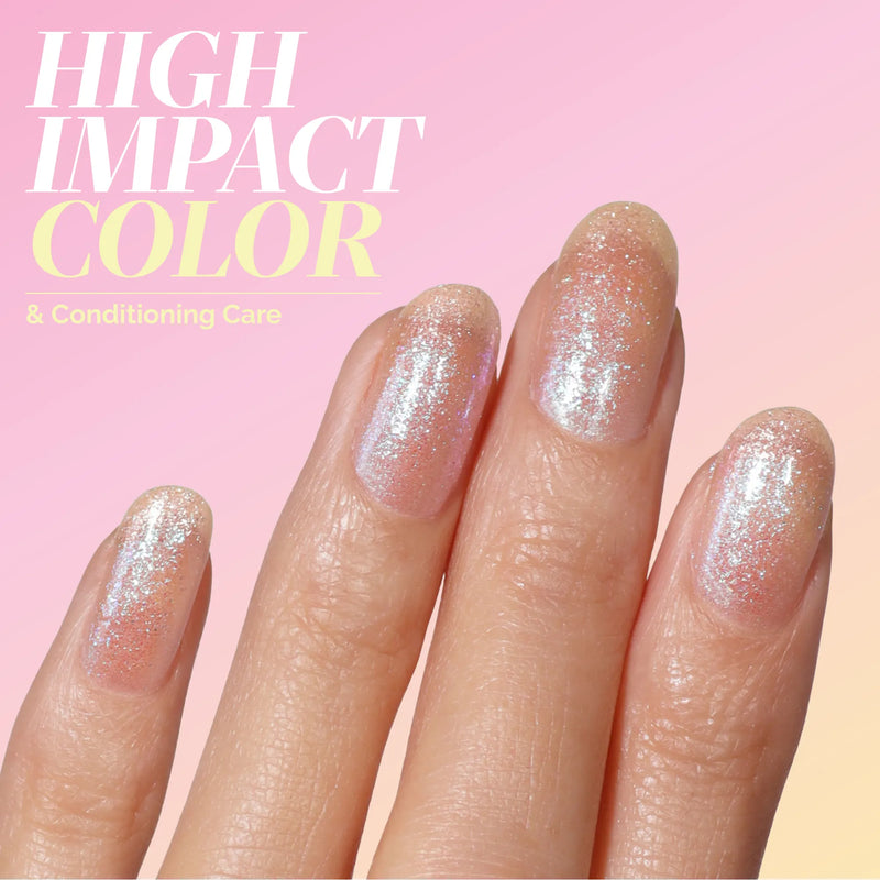A close-up of a hand with four fingernails painted in LONDONTOWN's Chasing Rainbows iridescent polish. The pink and yellow gradient background reads: "HIGH IMPACT COLOR & Conditioning Care.
