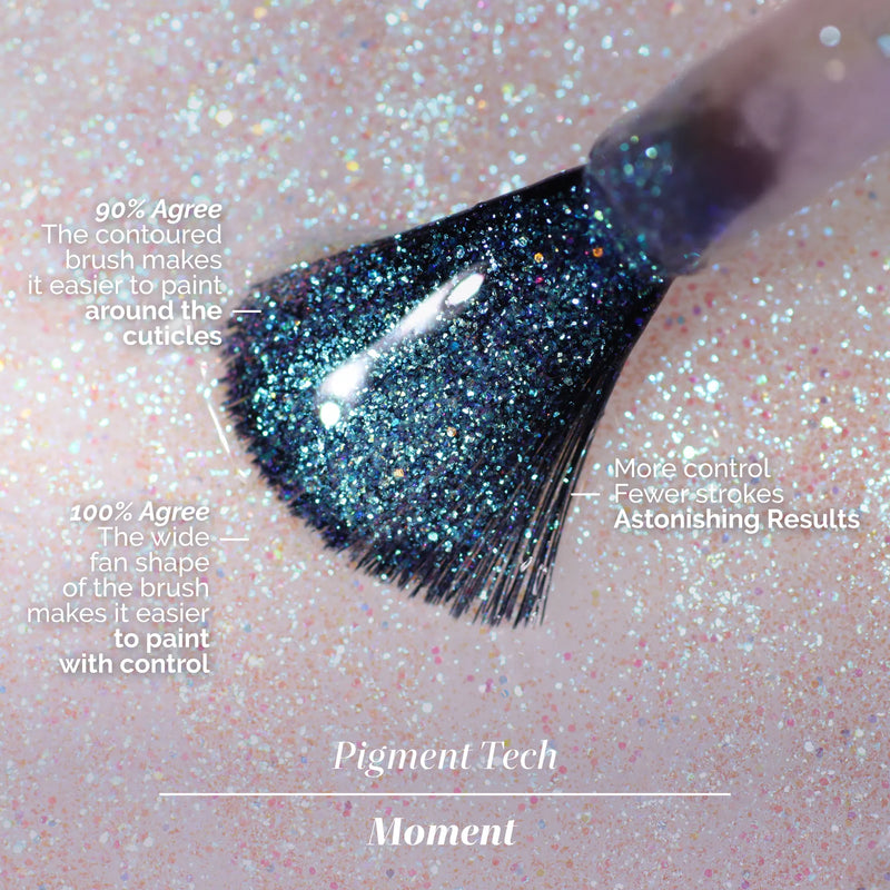 Close-up of LONDONTOWN's Chasing Rainbows nail polish brush on a sparkly surface, showcasing its contoured shape for easy control and smooth application—enhanced by an iridescent shimmer that shines with soft hopefulness.