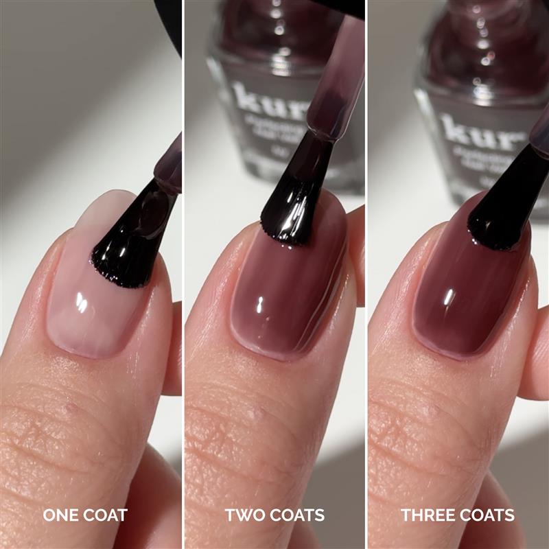 Three close-ups show a fingernail with one, two, and three coats of LONDONTOWN Perfecting Nail Veil #10, illustrating how each layer boosts opacity and care.