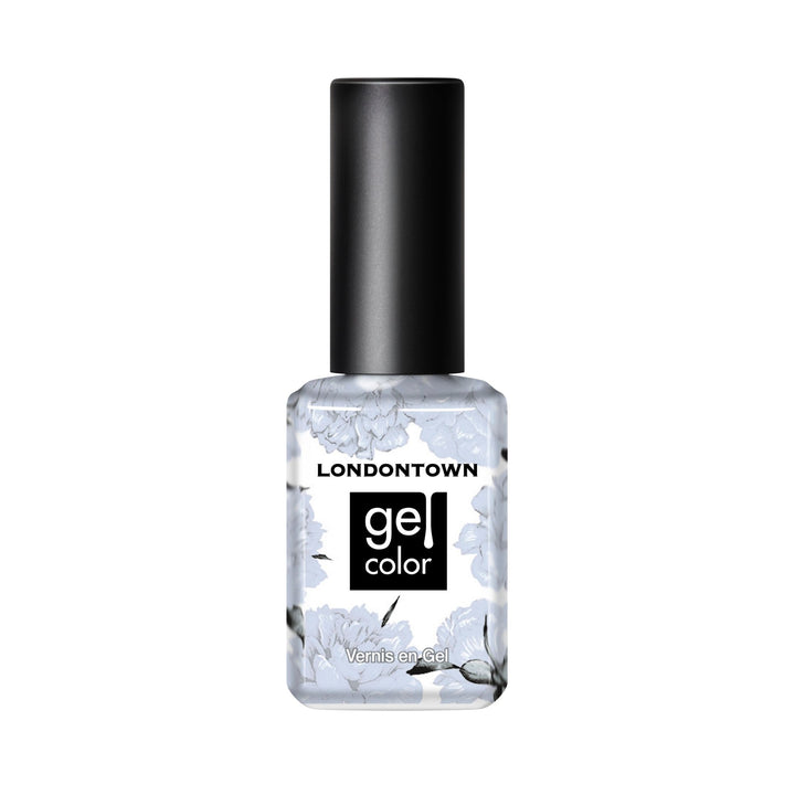 LONDONTOWN’s Cloud Nine gel nail polish comes in a clear bottle with a black cap, floral label, and "gel color" text, offering a dreamy periwinkle shade perfect for an elegant, soft look.