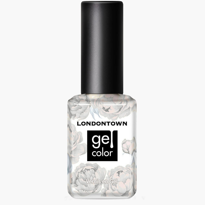 A bottle of LONDONTOWN Cold Foam gel color nail polish with a black cap and floral design on clear glass, featuring a whipped pearl finish for an elegant touch.