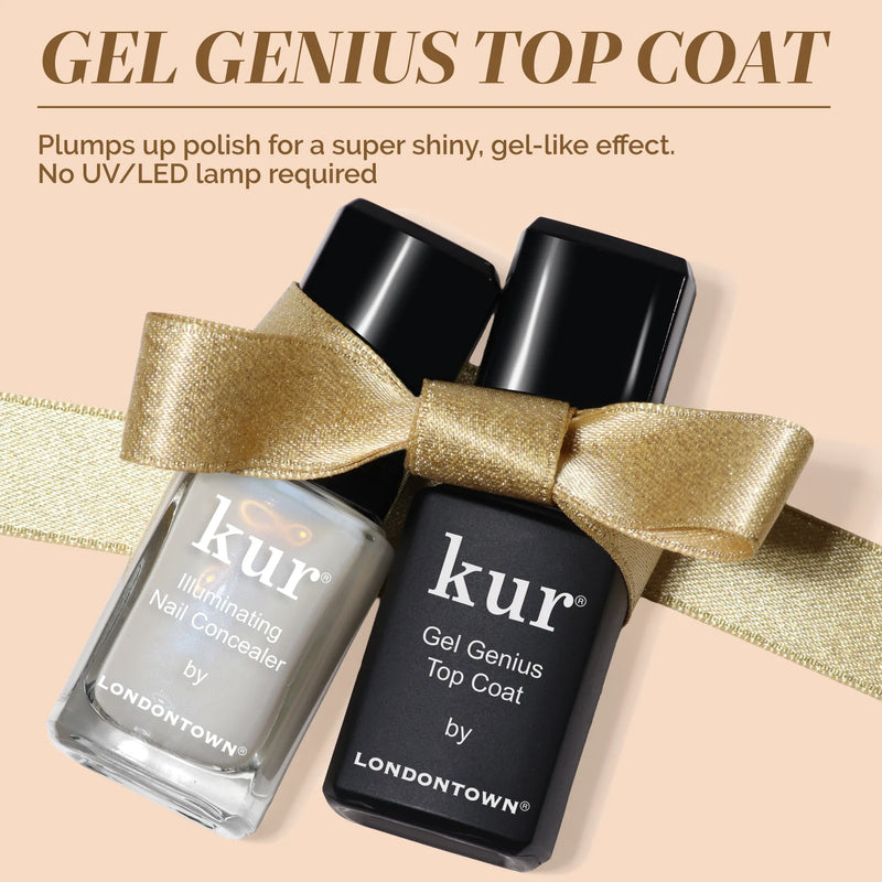 Two bottles of LONDONTOWN Conceal + Go: Holiday Edition are tied with a gold ribbon against a beige background, offering essentials for naturally perfect nails.