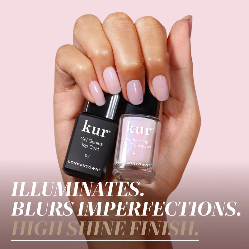 A manicured hand holds two LONDONTOWN Conceal + Go - Pink: Holiday Edition bottles against a pink background, with text highlighting their illuminating, perfecting qualities for naturally flawless nails and a high-shine finish.