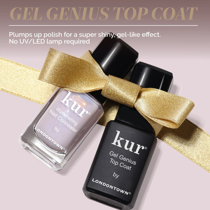 Two LONDONTOWN "Conceal + Go - Pink: Holiday Edition" nail polish bottles are tied with a gold ribbon on a light background—an elegant duo for naturally perfect nails.