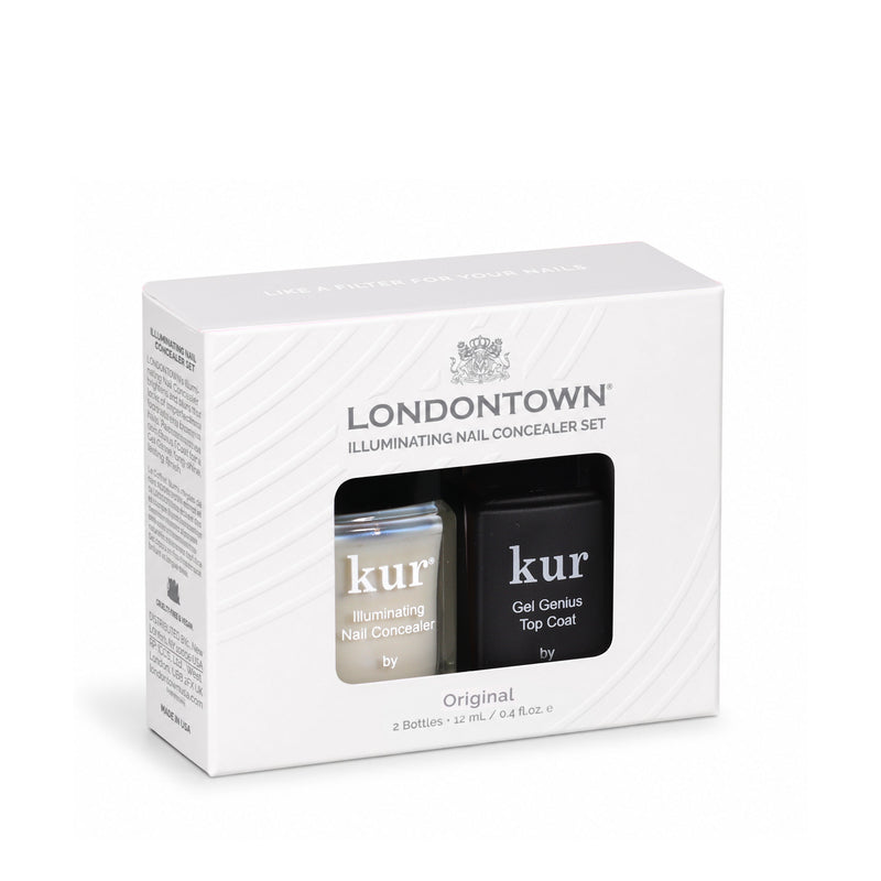 The LONDONTOWN Conceal + Go Duo is a boxed set featuring two 12 mL bottles: kur Illuminating Nail Concealer and kur Gel Genius Top Coat.