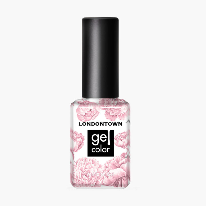 A bottle of LONDONTOWN Confetti Cake gel color nail polish with a black cap and pink floral design on a white background, featuring a sweet pastel pink shade that adds a touch of playful elegance to your manicure.