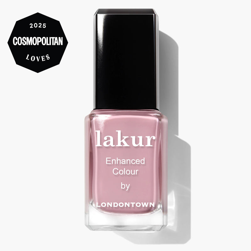 A bottle of LONDONTOWN Berry Nude lakur Enhanced Colour nail polish in a soft berry nude shade, with a "Cosmopolitan Loves 2025" badge in the corner.