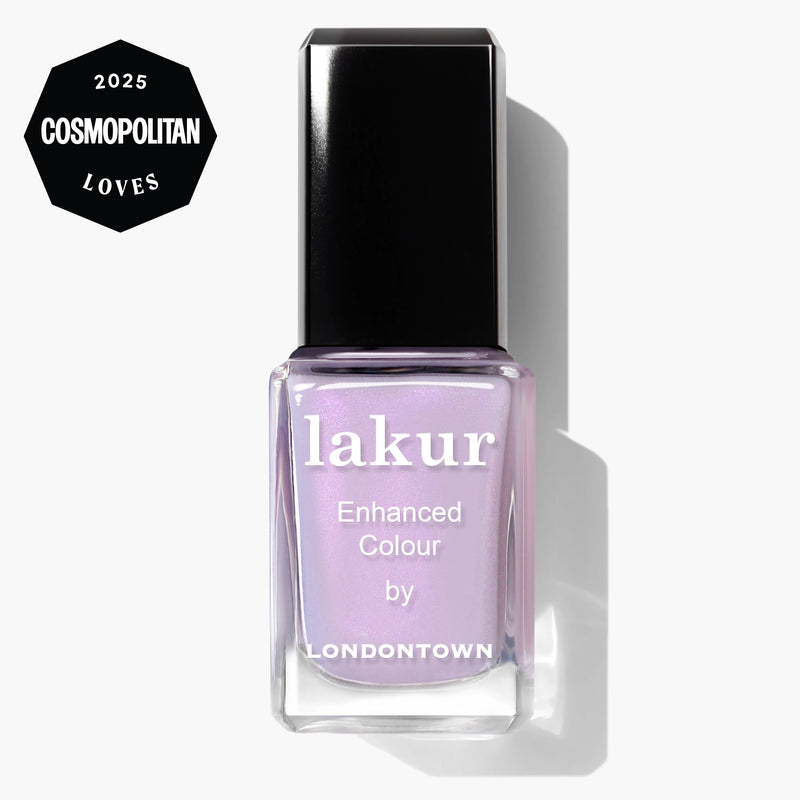 A bottle of LONDONTOWN Lakur Enhanced Colour nail polish in Honey Lavender, featuring a Cosmopolitan "Loves 2025" badge in the top left corner.