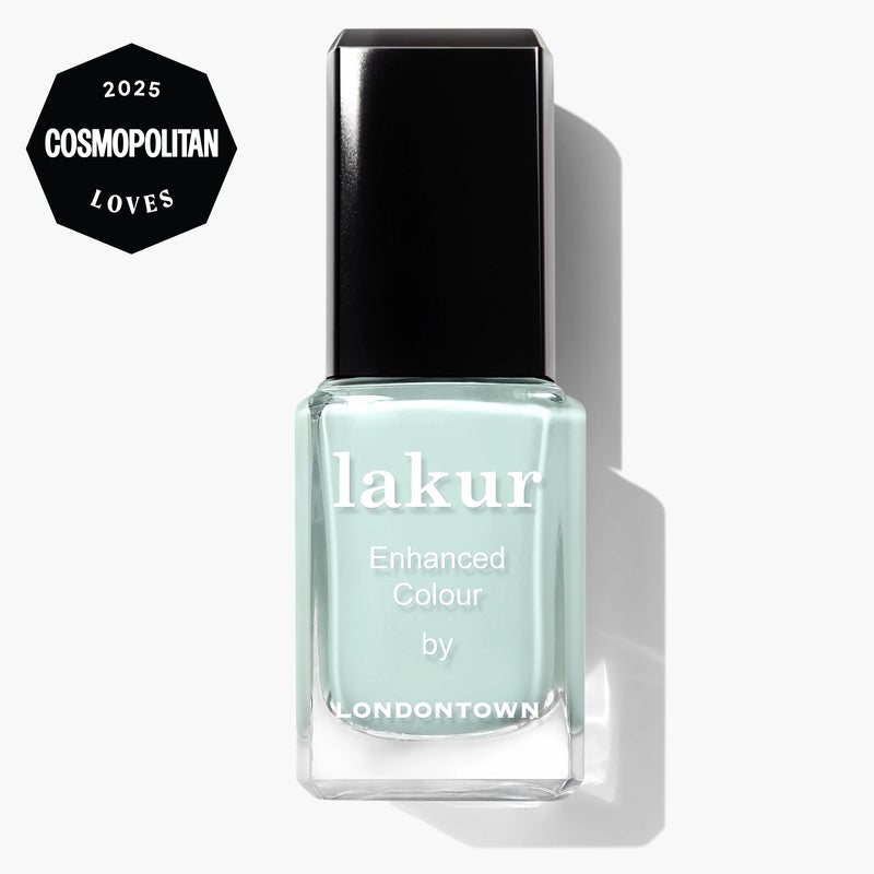 A bottle of LONDONTOWN Mint No Chip, a light mint green vegan nail polish, with a "2025 Cosmopolitan Loves" badge in the top left corner.