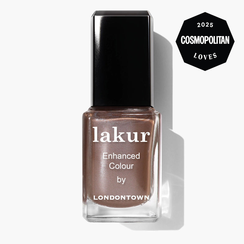 A bottle of LONDONTOWN Affogato nail polish in a shimmering java glow metallic brown, shown next to a "2025 Cosmopolitan Loves" badge.