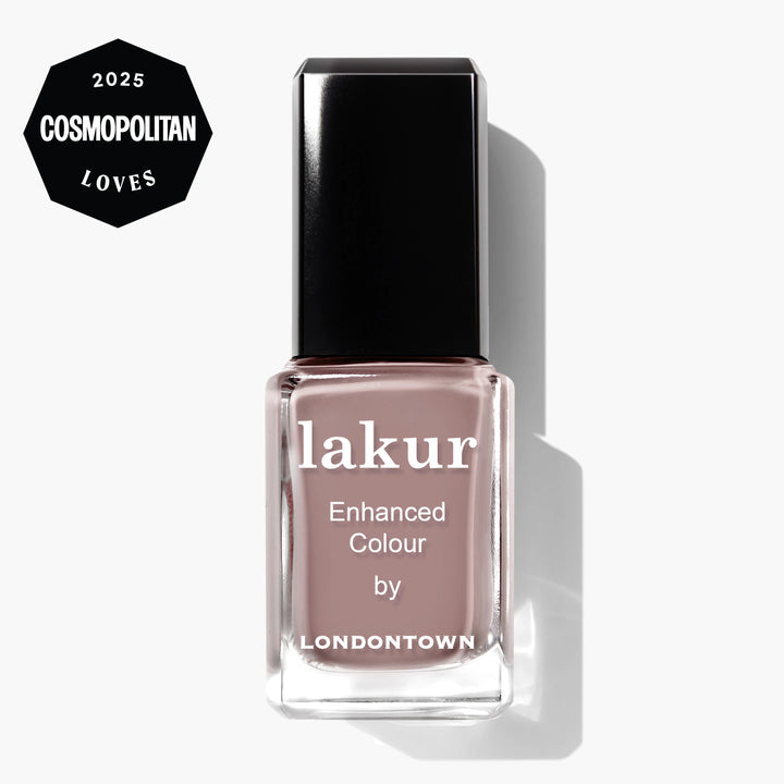 A bottle of LONDONTOWN Lakur Enhanced Colour nail polish in the shade Chai, with a 2025 Cosmopolitan Loves badge in the top left corner.