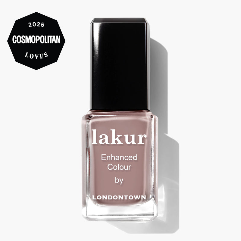 A bottle of LONDONTOWN Lakur Enhanced Colour nail polish in the shade Chai, with a 2025 Cosmopolitan Loves badge in the top left corner.