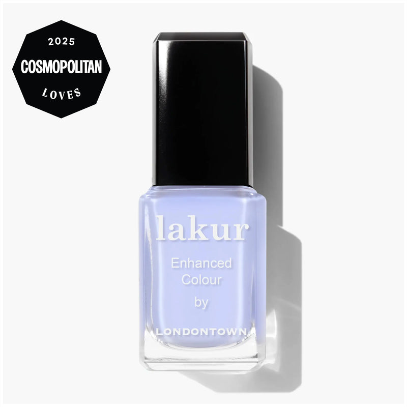 A bottle of LONDONTOWN Cloud Nine Lakur nail polish in dreamy periwinkle, featuring a 2025 Cosmopolitan Loves award badge in the top left corner.
