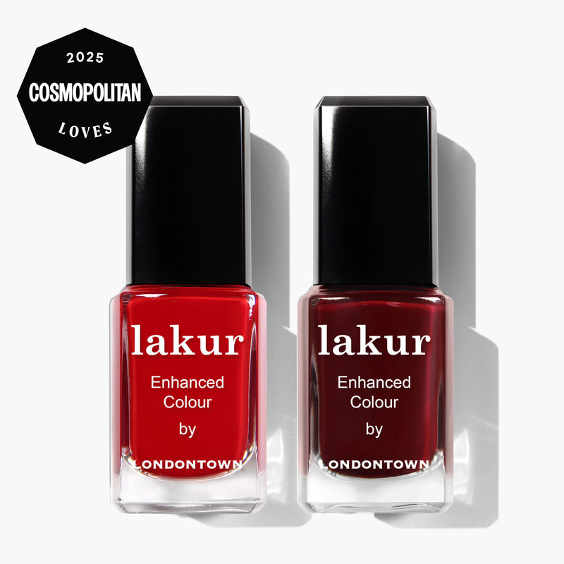 The LONDONTOWN Cozy Fireside Duo features two nail polishes in rich red and deep burgundy shades, with a "2025 Cosmopolitan Loves" badge—perfect for seasonal nails.
