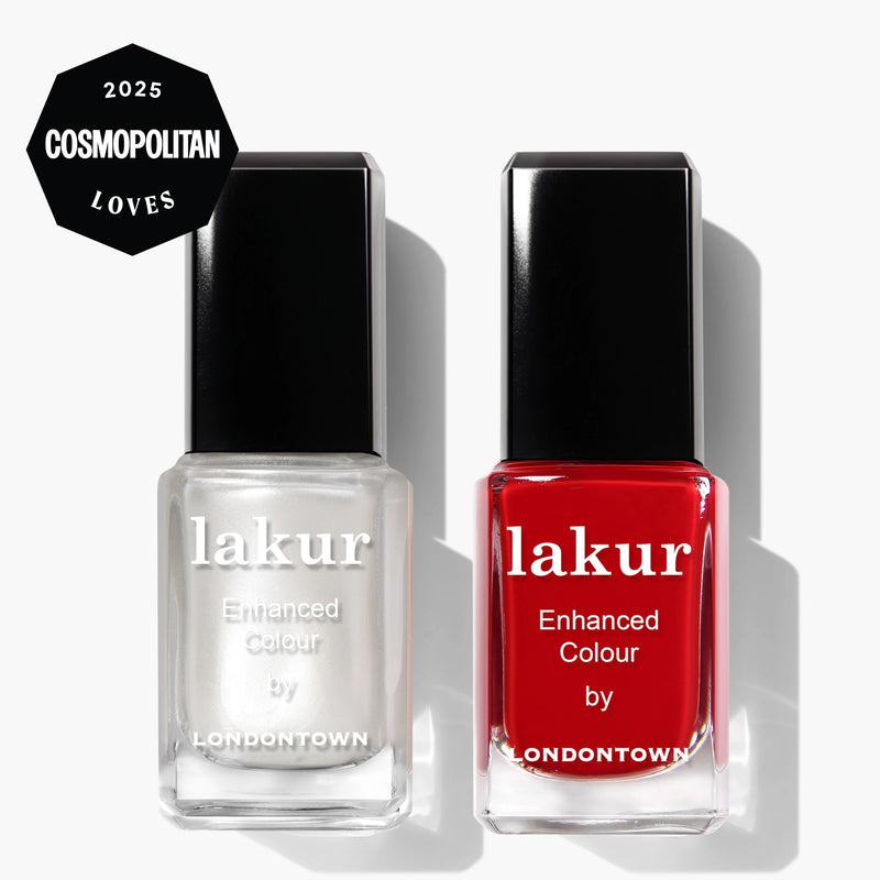 The LONDONTOWN Frosted Berries Duo—one white and one red nail polish—is displayed side by side for festive nails, with a "2025 Cosmopolitan Loves" badge in the upper left corner.
