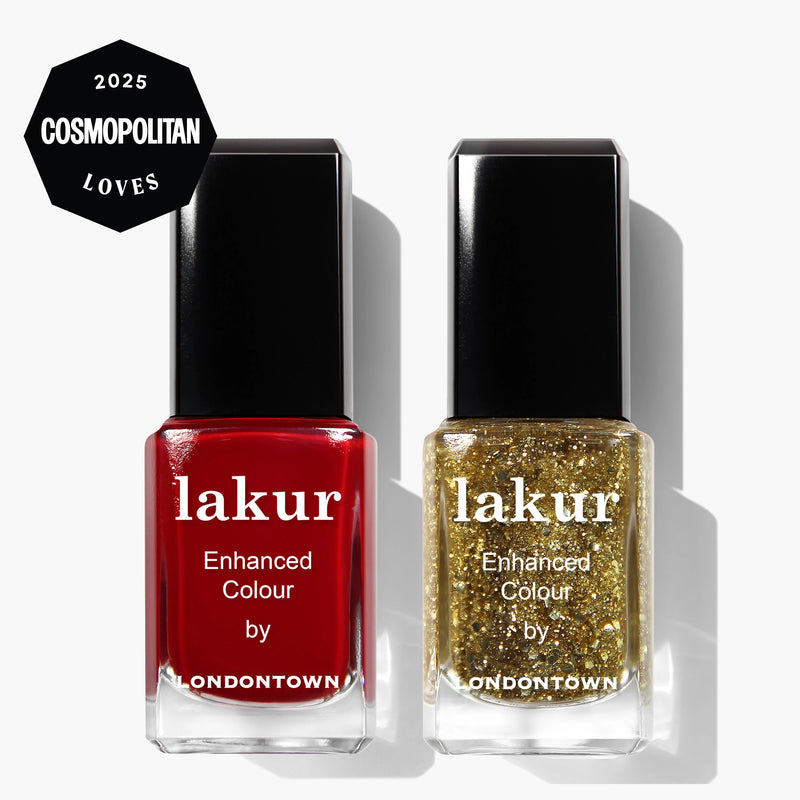 Two bottles of LONDONTOWN Merry & Bright Duo nail polish, featuring red and glittery gold shades, are displayed side by side. A "2025 Cosmopolitan Loves" badge appears in the top left corner.