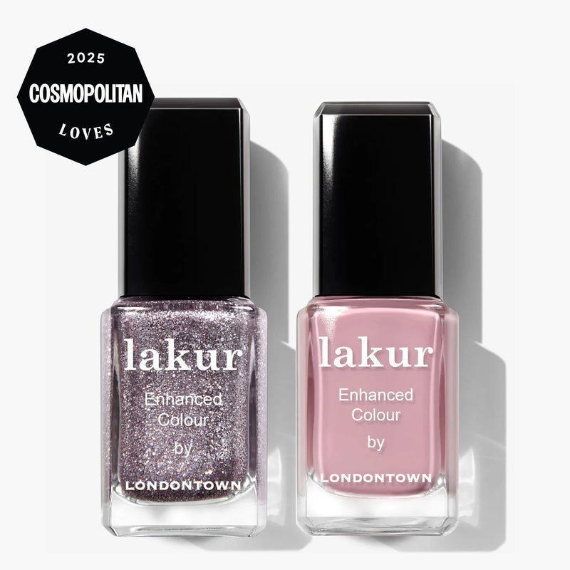 Two bottles of LONDONTOWN's Midnight Frost Duo nail polish—one glittery silver and one light pink—with a "2025 Cosmopolitan Loves" award badge in the corner.