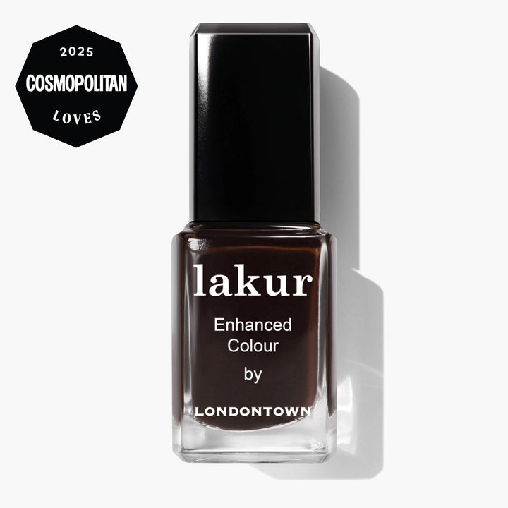 A bottle of LONDONTOWN Midnight Mocha nail polish in a rich espresso shade, featuring a "2025 Cosmopolitan Loves" badge in the corner.