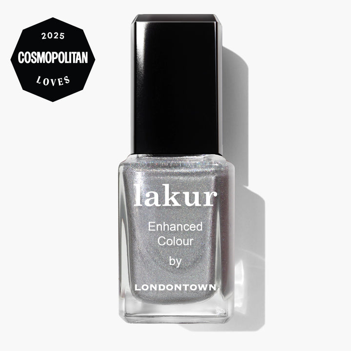 A bottle of LONDONTOWN Nice & Icy nail polish in platinum silver, featuring a "2025 Cosmopolitan Loves" badge in the top left corner.