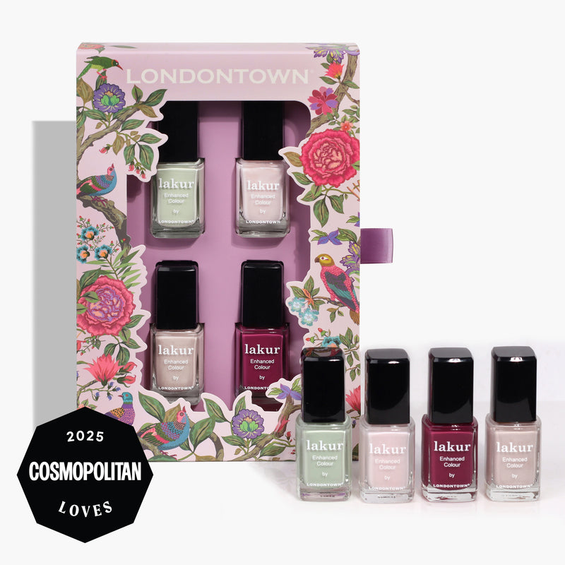 The LONDONTOWN Spring Fling Lakur Set features four vibrant, floral-inspired nail polishes in a bouquet of colors, shown beside their packaging and highlighted with a "2025 Cosmopolitan Loves" badge.