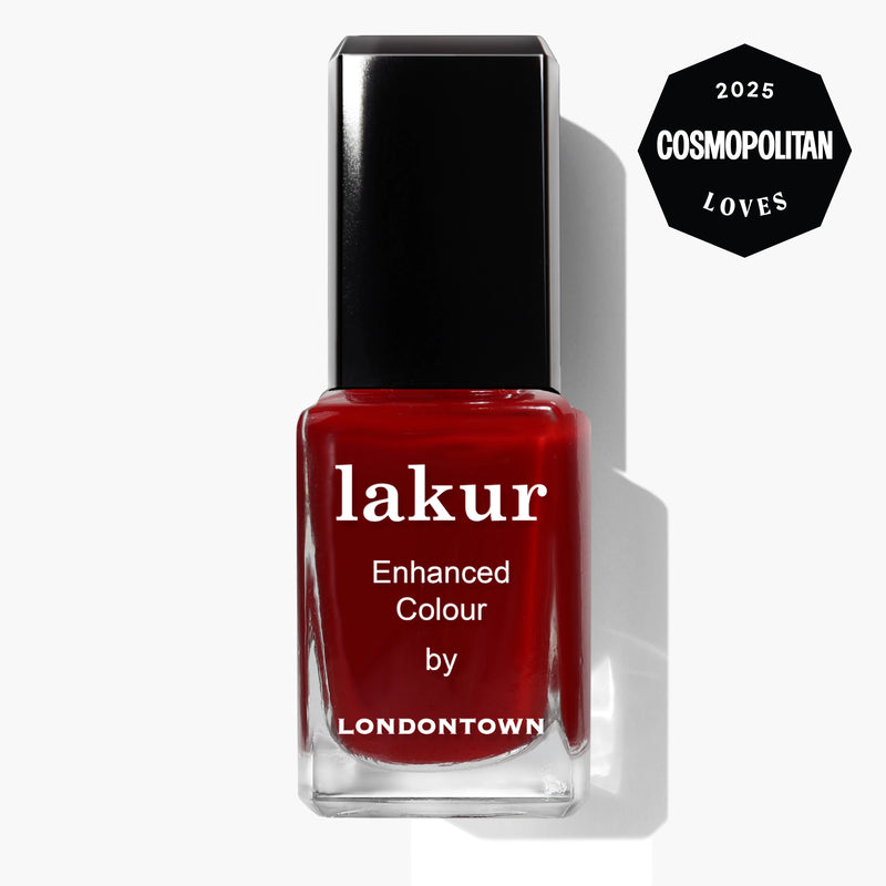 A bottle of LONDONTOWN Truly Ruby Lakur Enhanced Colour nail polish with a "2025 Cosmopolitan Loves" badge in the top right corner.