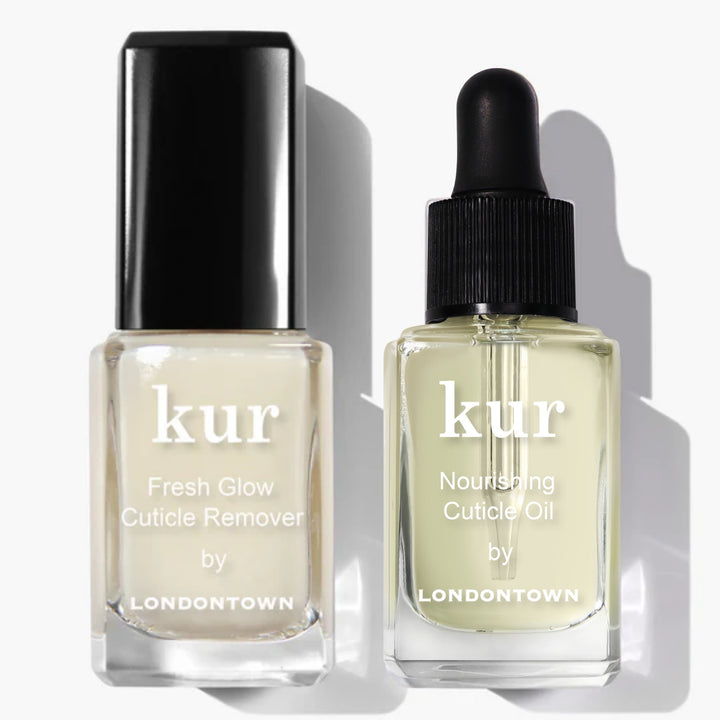 LONDONTOWN Cuticle Saver duo, featuring Fresh Glow Cuticle Remover (black cap) and Nourishing Cuticle Oil (dropper cap), is a must-have for cuticle care—beautifully displayed against a white background.