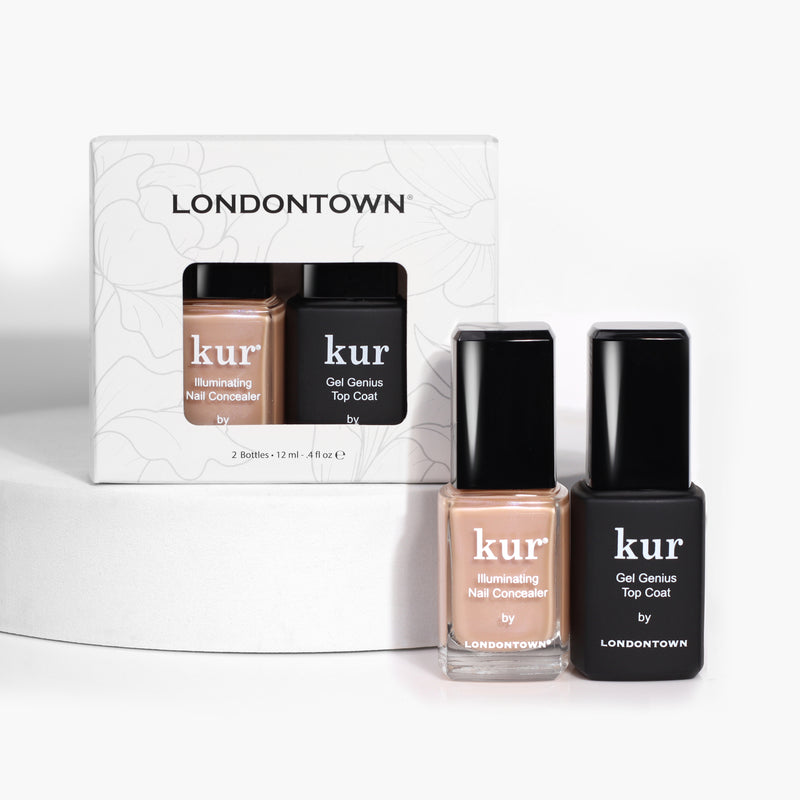 Two bottles of LONDONTOWN kur nail products, one labeled "Conceal + Go Bare" and the other "Gel Genius Top Coat," are displayed with their packaging. Achieve naturally perfect nails with these essential treatments.