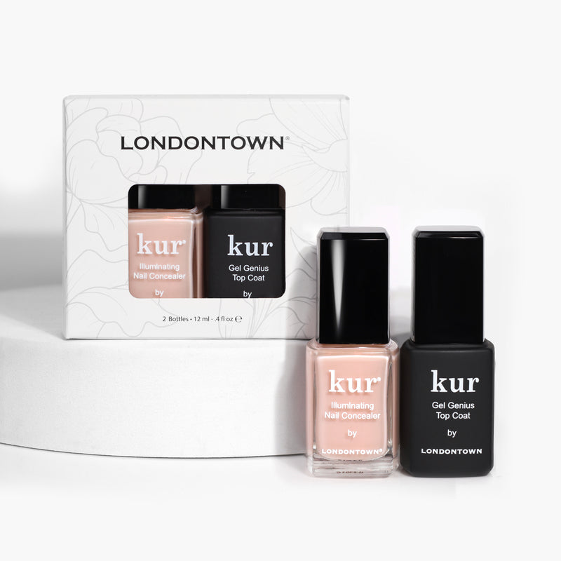 LONDONTOWN Conceal + Go Bubble products: one bottle of Illuminating Nail Concealer and one bottle of Gel Genius Top Coat, displayed with their packaging. Achieve naturally perfect nails with this essential duo.